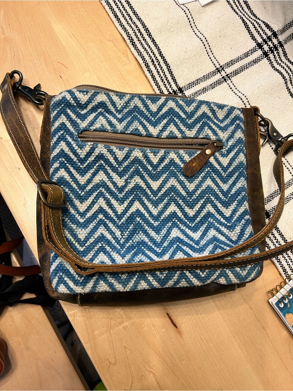 Myra Bag Blue Chevron Woven Crossbody Bag with Brown Leather Trim